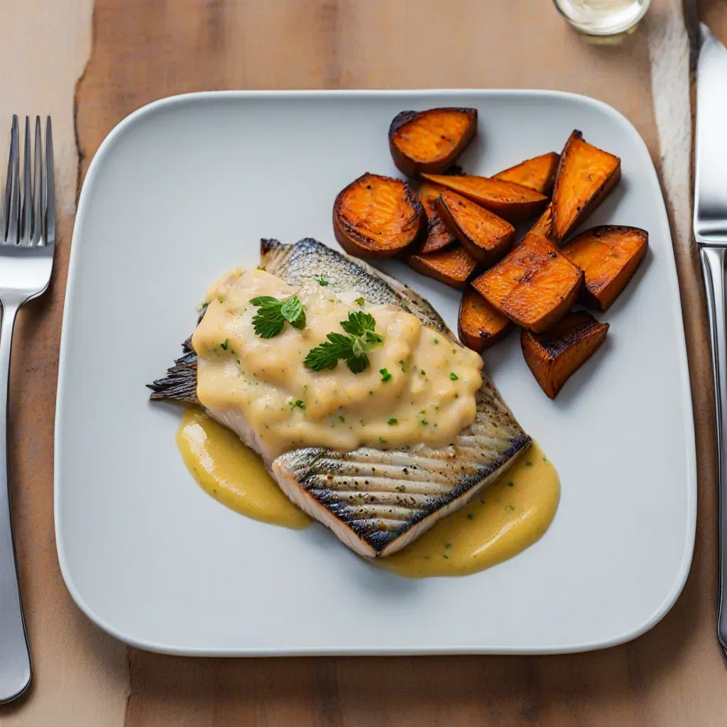 Grilled Barramundi with Lemon Butter Sauce and Roasted Sweet Potatoes