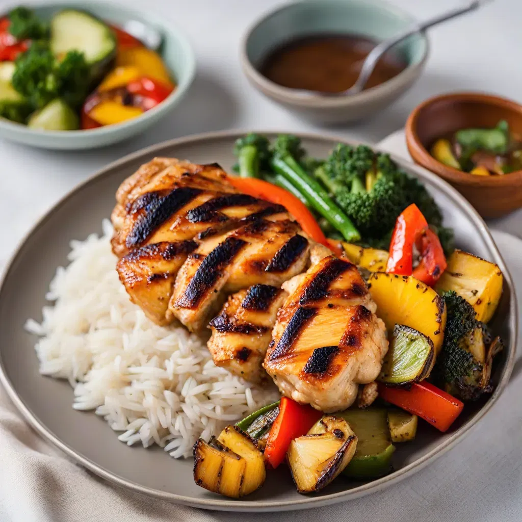 Grilled Hawaiian Pineapple Chicken with Coconut Rice and Grilled Vegetables